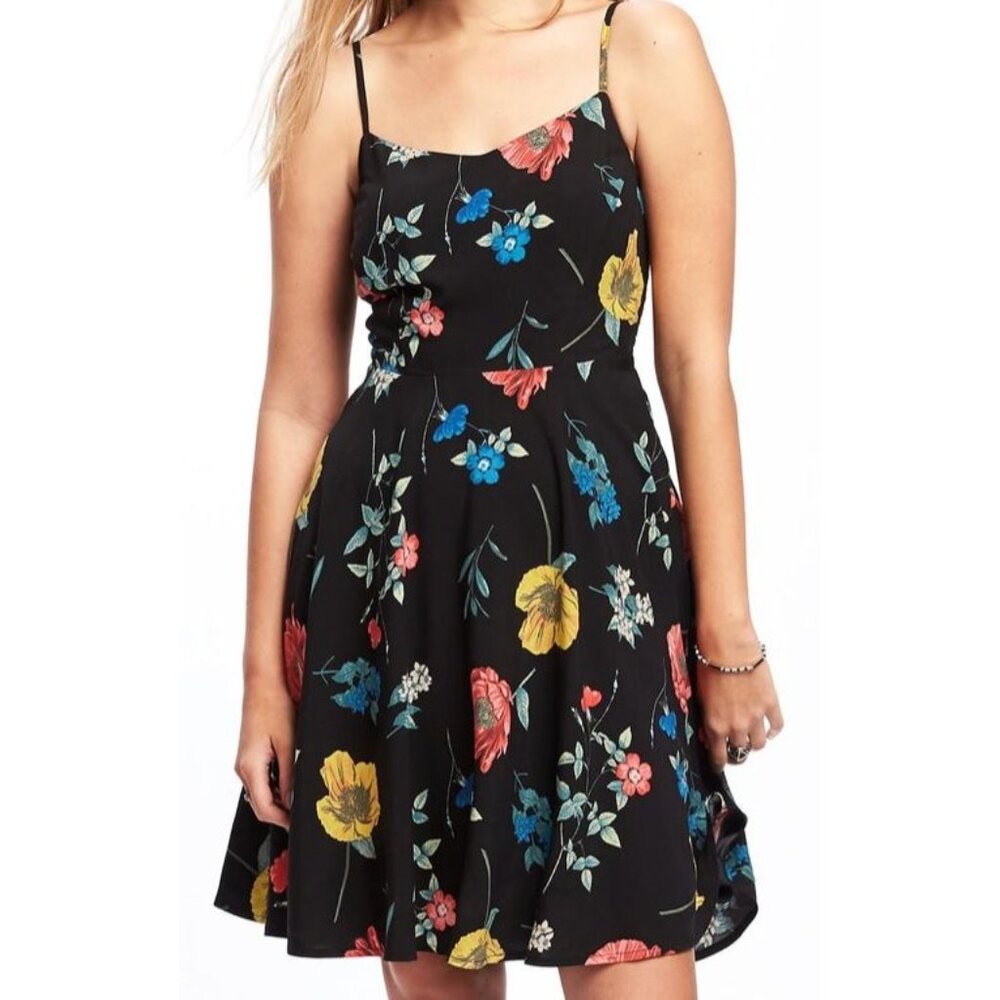 Old Navy Fit & Flare Black Floral Cami Babydoll Dress XL Feminine Cottagecore